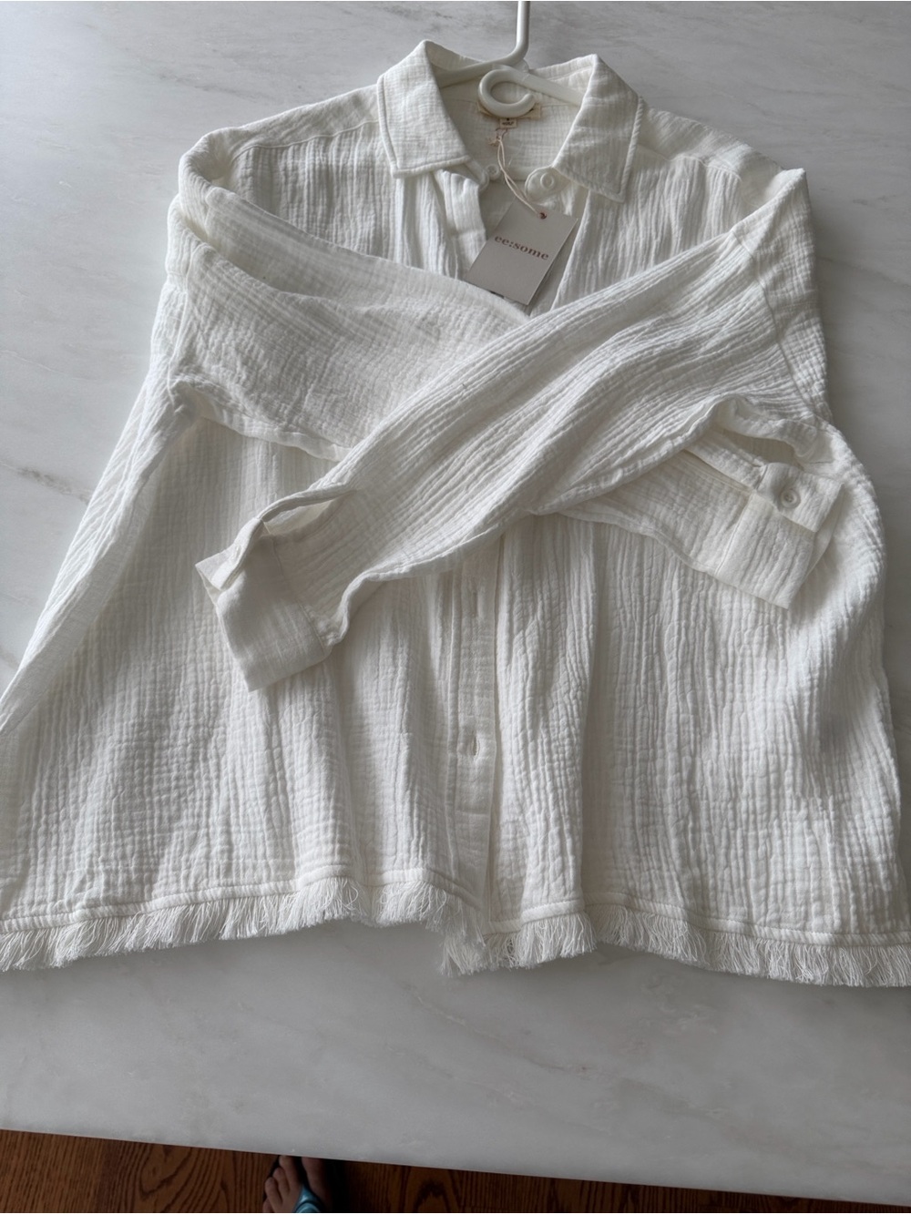 ee:some white Gauze boxy Button-Up Shirt with fringed bottom S NWT, extra button